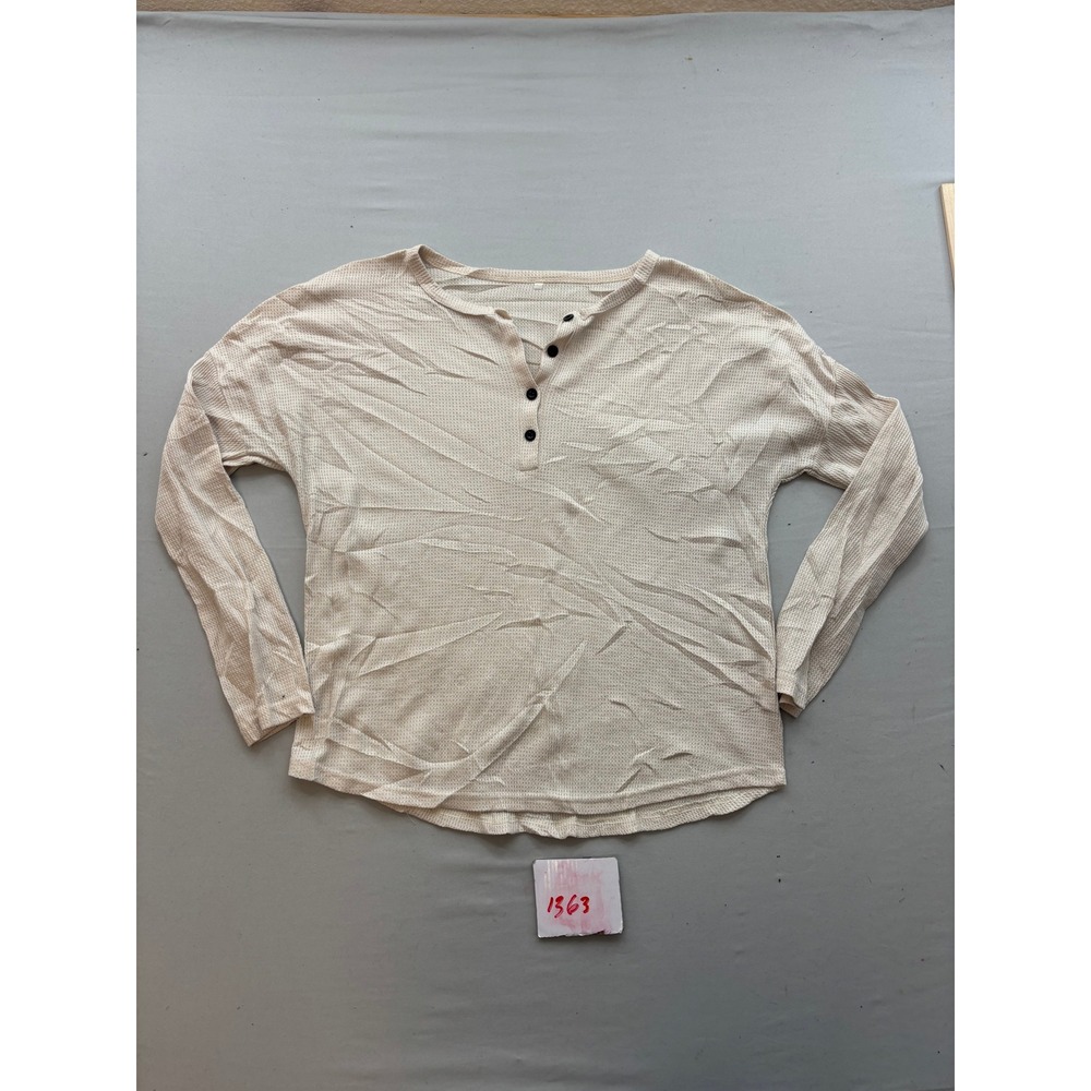 Waffle Knit Henley Top Cream Long Sleeve Thermal Button Neck Casual Shirt